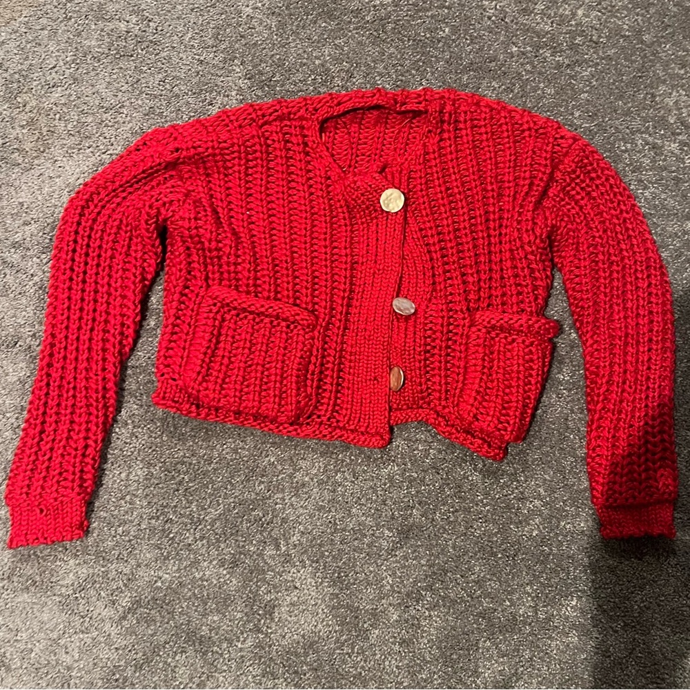 Red Chunky Knit Button-Front Women's Sweater - Aaron & Amber, Small